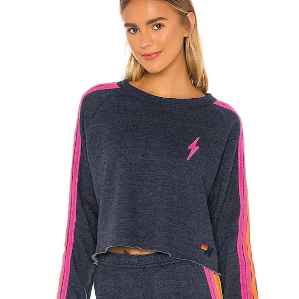 Aviator Nation Bolt cropped classic crewneck in heather navy neon
